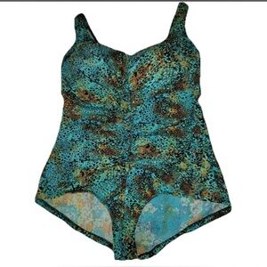 Maxine Of Hollywood Leopard Print Aqua/Brown V-Neck W/ Ruching Lined Swimsuit 8